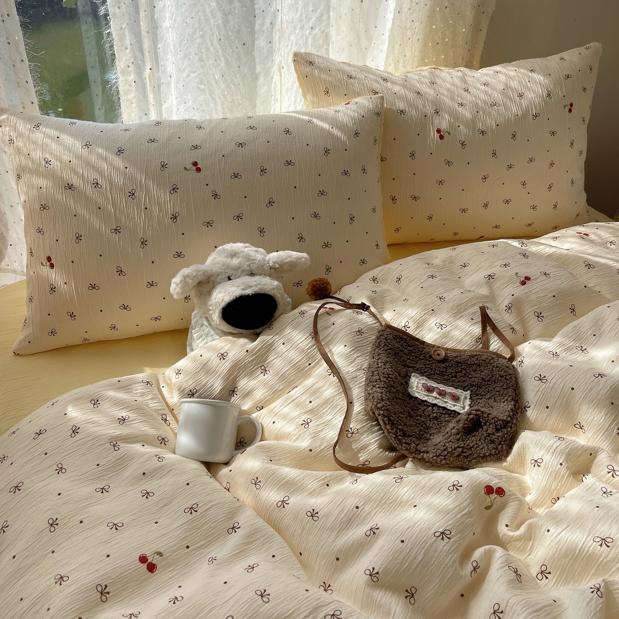 91家纺网 家纺一手货源 找家纺 星禾优选 2025新款甄选三层纱印花四件套 樱桃蝴蝶