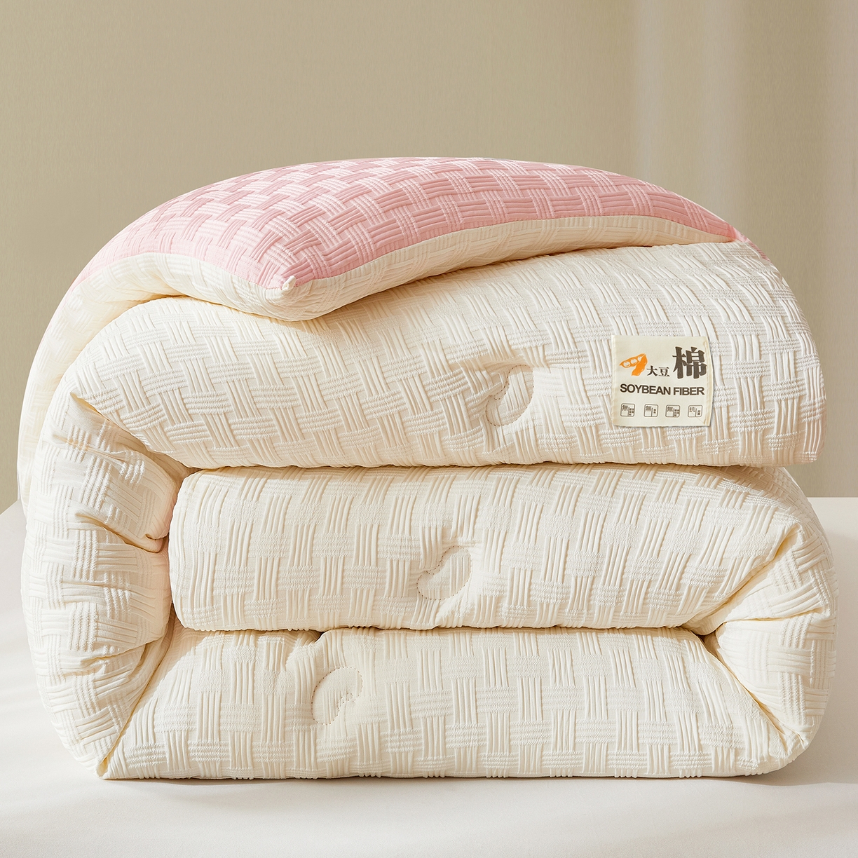 初相识被业 2025新款双拼原棉提花大豆纤维被被子被芯 小豆仙白拼粉