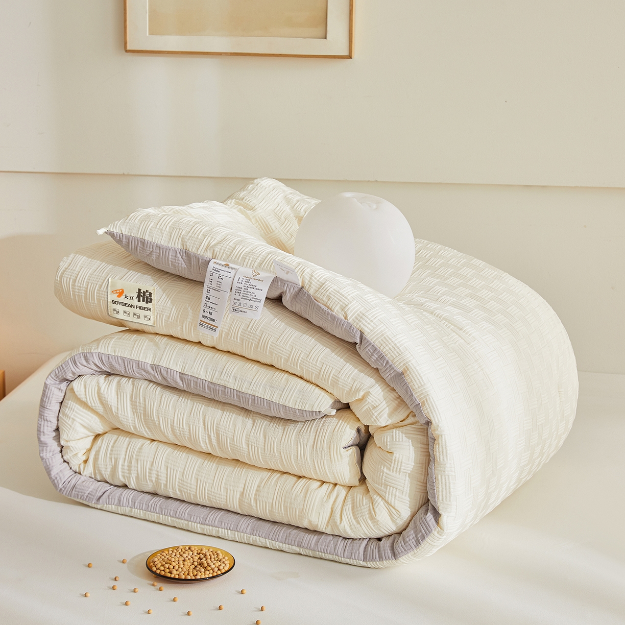 91家纺网 家纺一手货源 找家纺 初相识被业 2025新款双拼原棉提花大豆纤维被被子被芯 小豆仙白拼灰