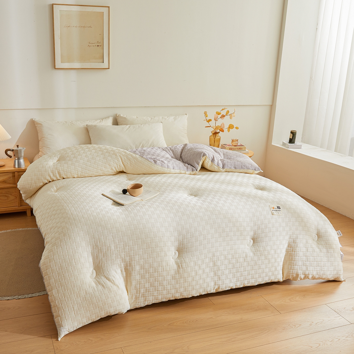 91家纺网 家纺一手货源 找家纺 初相识被业 2025新款双拼原棉提花大豆纤维被被子被芯 小豆仙白拼灰