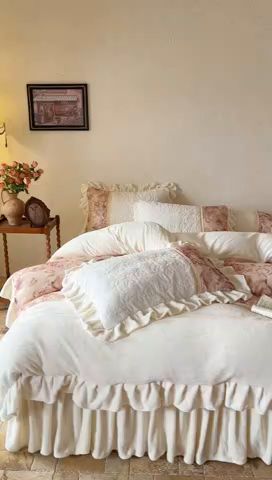 91家纺网 家纺一手货源 找家纺 瑞宝 2025新款全消光牛奶绒夹棉款床裙四件套-伊莲娜 伊莲娜-雾白