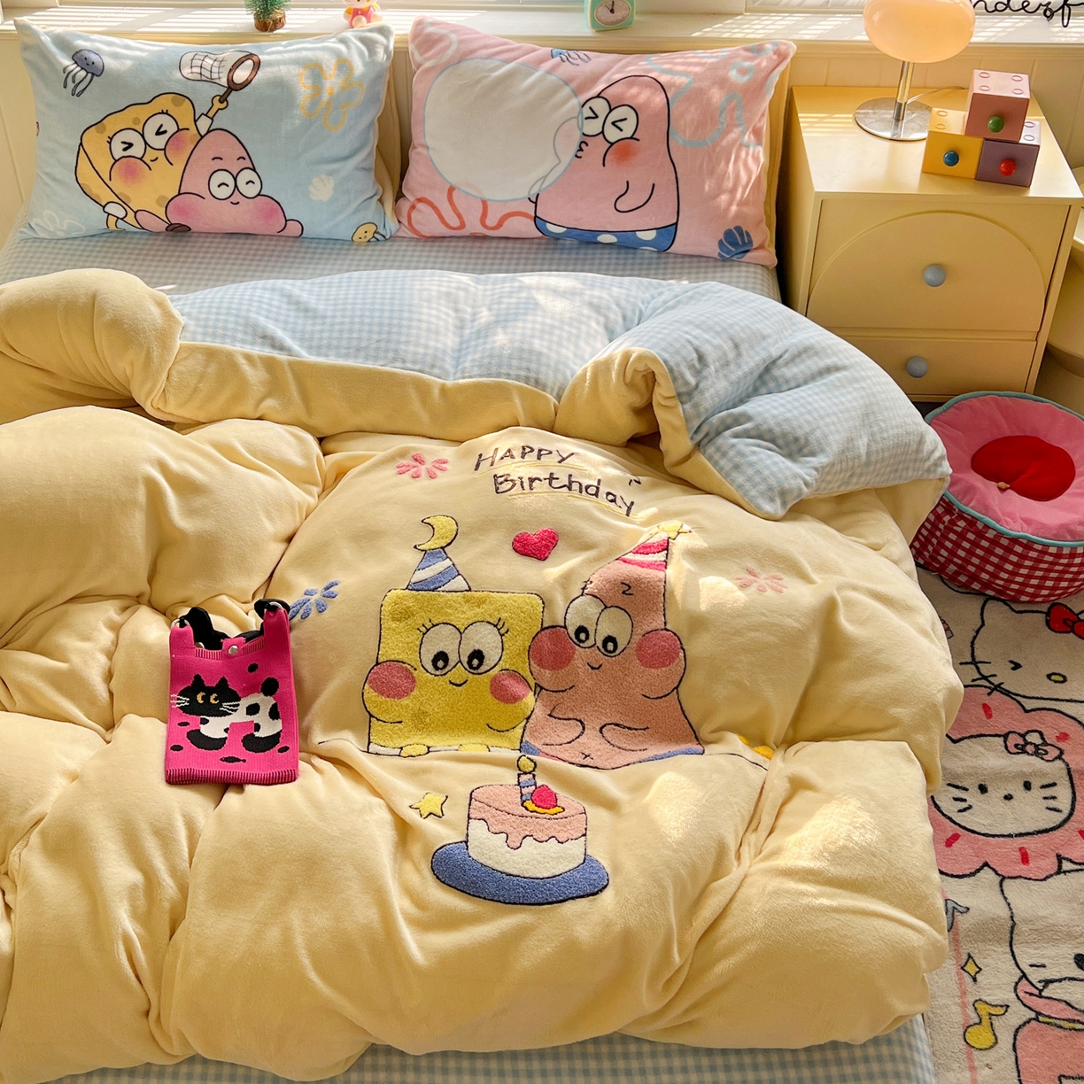 91家纺网 家纺一手货源 找家纺 （总）优选 2025新款高克重200g牛奶绒数码印花毛巾绣卡通四件套直播爆款电商爆款