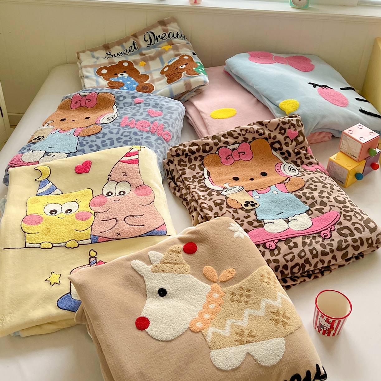 91家纺网 家纺一手货源 找家纺 优选 2025新款高克重200g牛奶绒数码印花毛巾绣卡通四件套直播爆款电商爆款 组合图