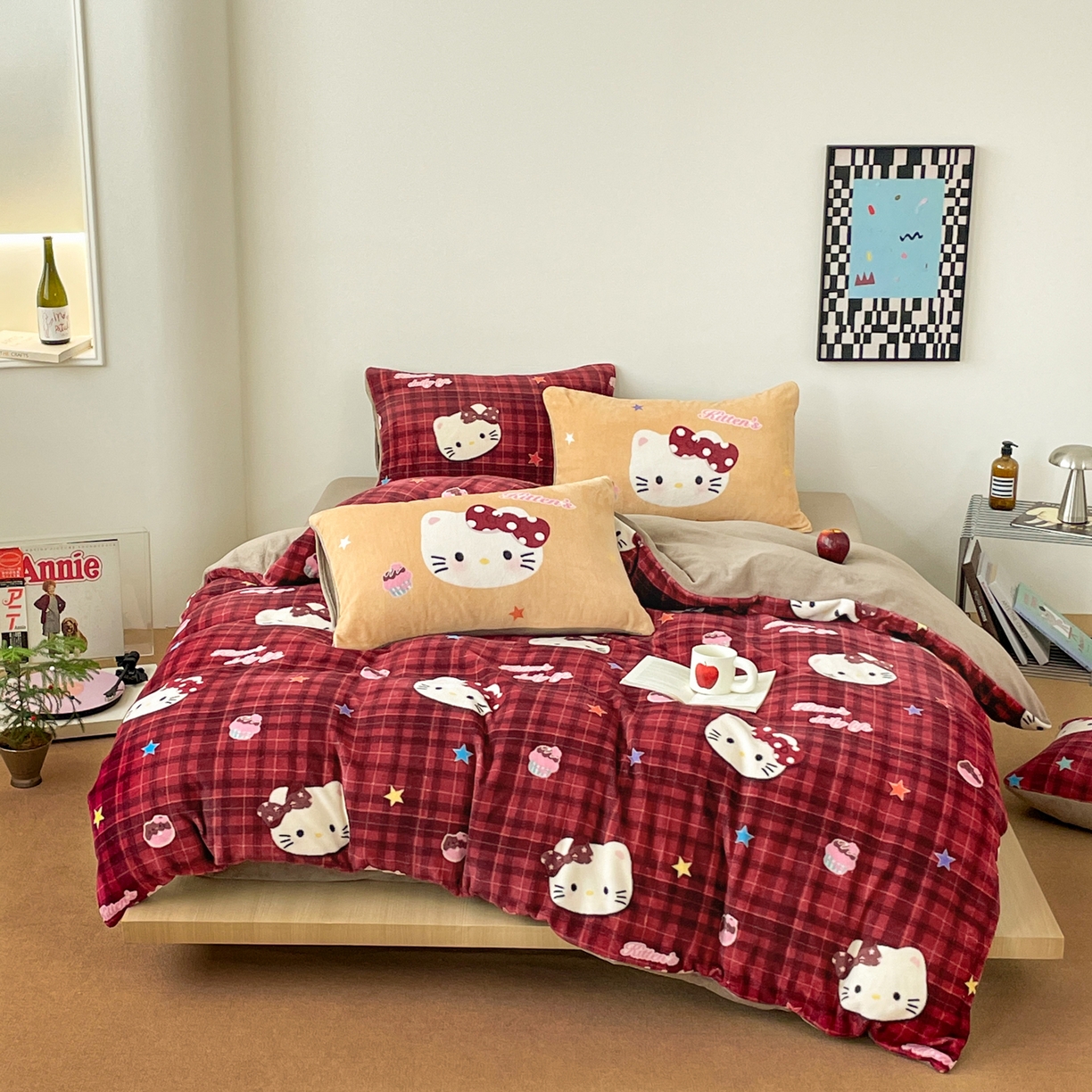 摩妮卡 2025新款牛奶绒枕套混搭卡通复古四件套 甜点凯蒂猫