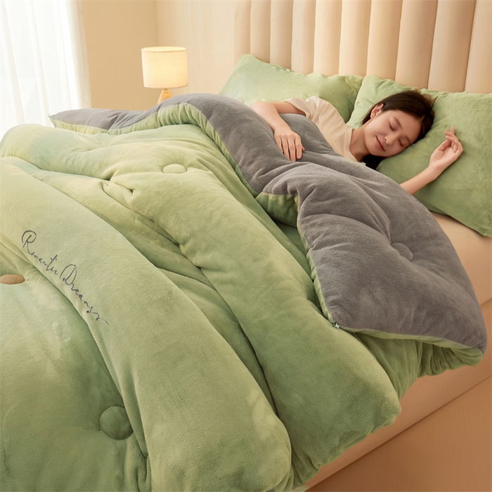 91家纺网 家纺一手货源 找家纺 美梦里 2025新款拼色牛奶绒绣花冬被被子被芯 绿灰