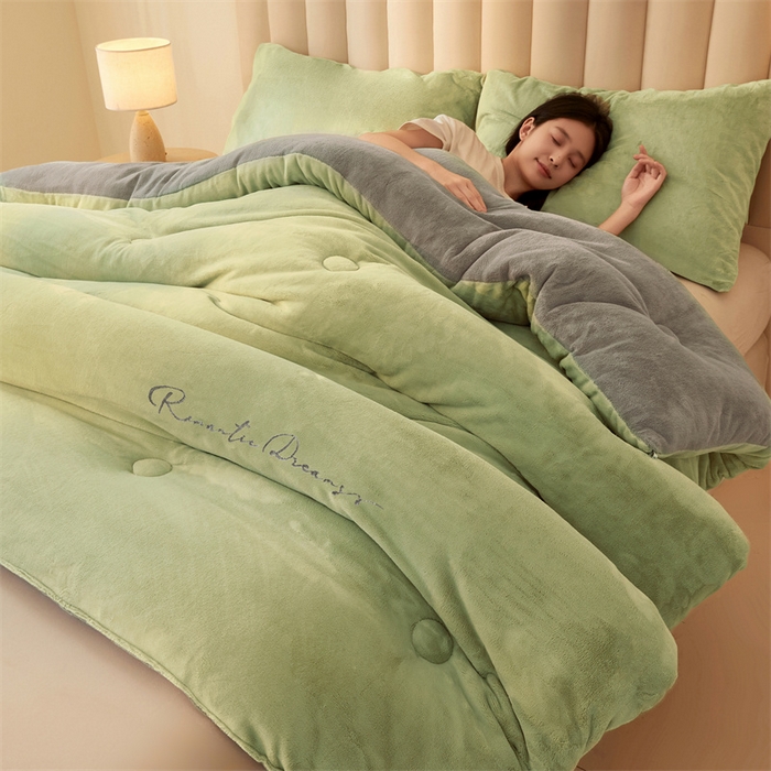 91家纺网 家纺一手货源 找家纺 美梦里 2025新款拼色牛奶绒绣花冬被被子被芯 绿灰