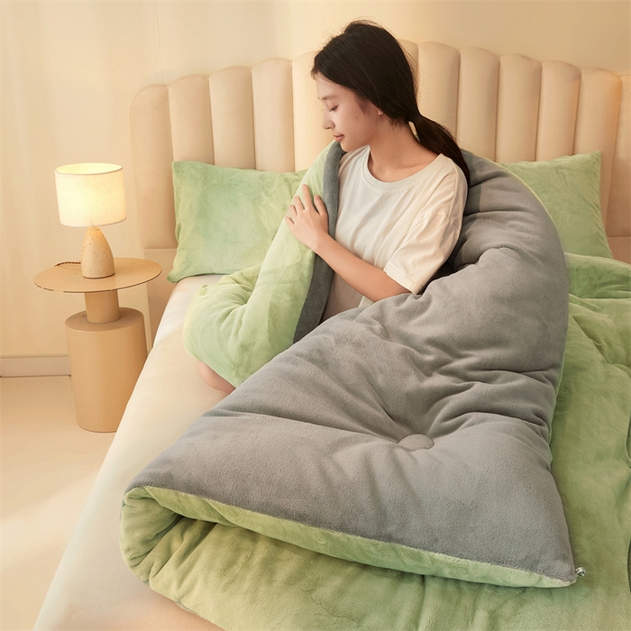 91家纺网 家纺一手货源 找家纺 美梦里 2025新款拼色牛奶绒绣花冬被被子被芯 绿灰