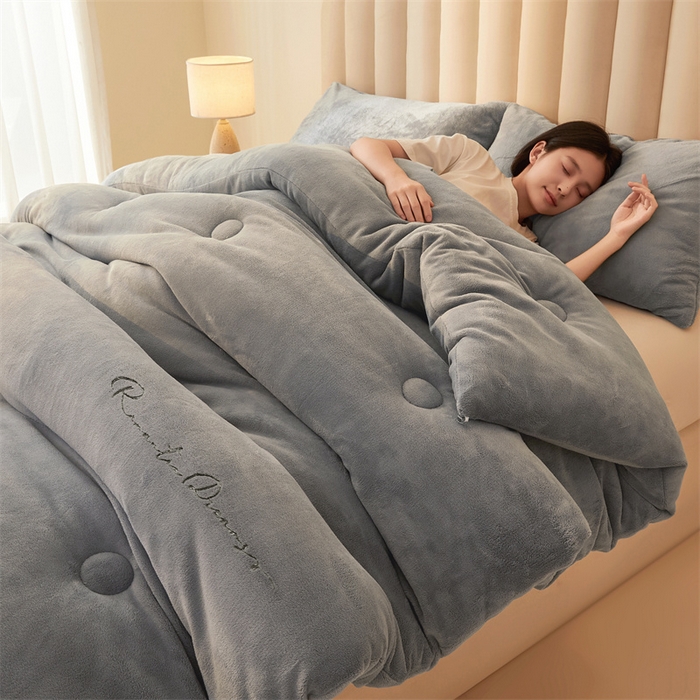 91家纺网 家纺一手货源 找家纺 美梦里 2025新款拼色牛奶绒绣花冬被被子被芯 灰色