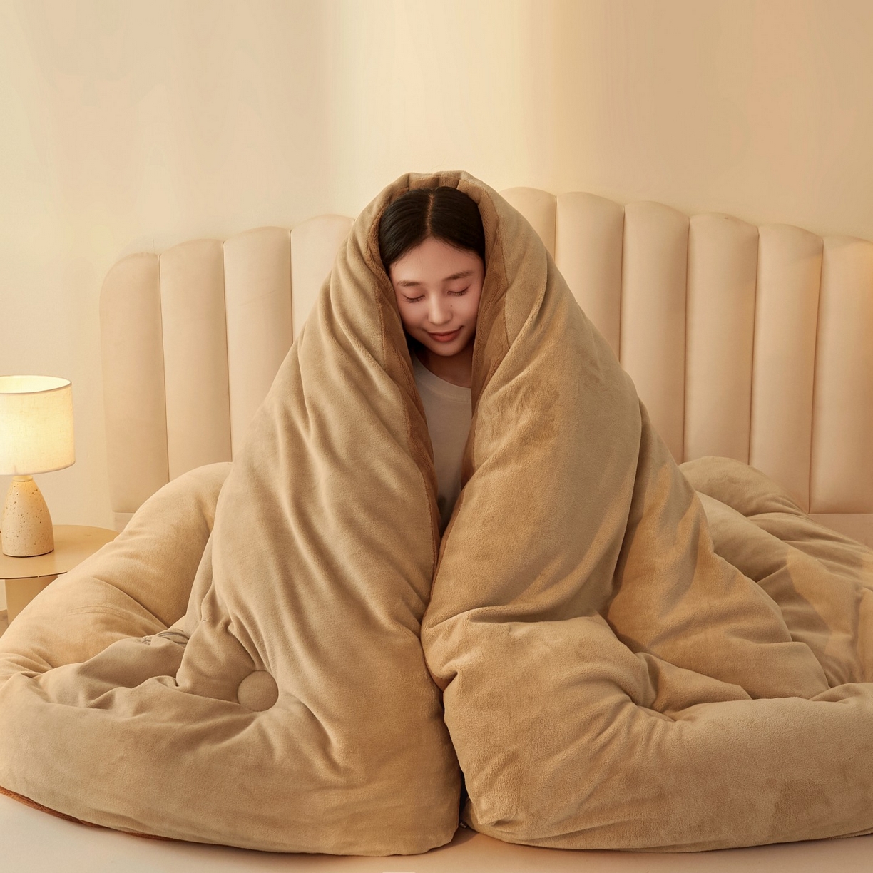 91家纺网 家纺一手货源 找家纺 美梦里 2025新款拼色牛奶绒绣花冬被被子被芯 咖色