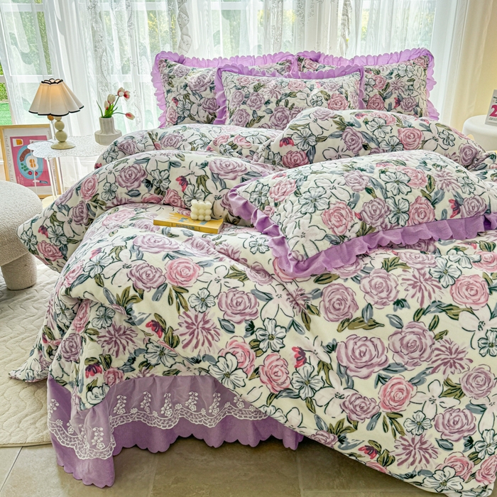 91家纺网 家纺一手货源 找家纺 浩浩家纺 2025新款舒适花边牛奶绒床盖四件套 玫瑰花园