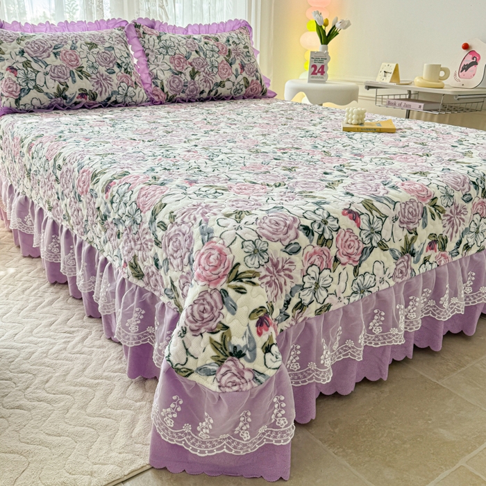 91家纺网 家纺一手货源 找家纺 浩浩家纺 2025新款舒适花边牛奶绒床盖四件套 玫瑰花园