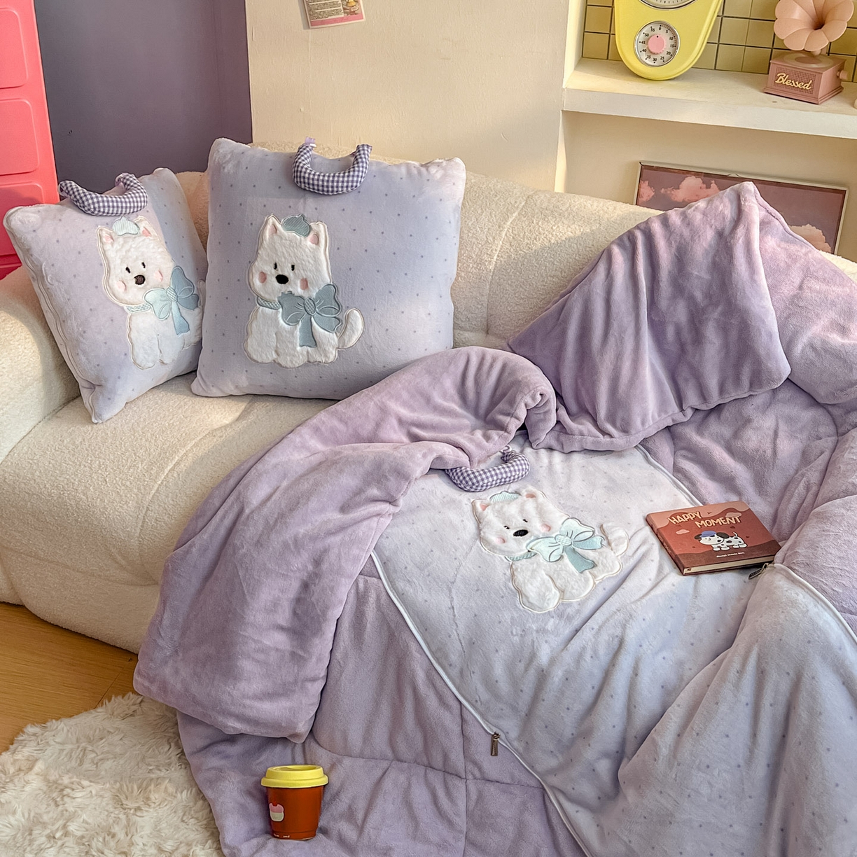 91家纺网 家纺一手货源 找家纺 （总）番茄+ 2025新款牛奶绒贴布绣西高地抱枕被