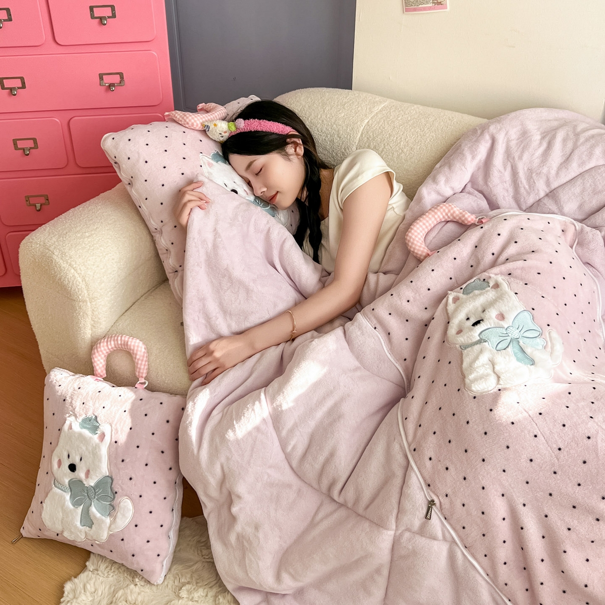 91家纺网 家纺一手货源 找家纺 番茄+ 2025新款牛奶绒贴布绣西高地抱枕被 波点-粉