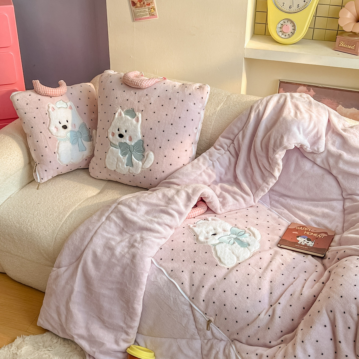 番茄+ 2025新款牛奶绒贴布绣西高地抱枕被 波点-粉