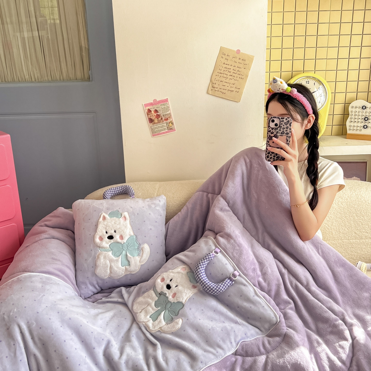 91家纺网 家纺一手货源 找家纺 番茄+ 2025新款牛奶绒贴布绣西高地抱枕被 波点-紫