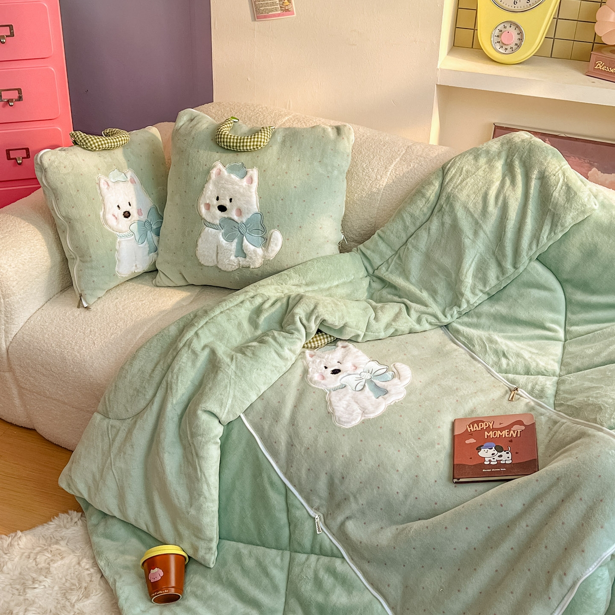 番茄+ 2025新款牛奶绒贴布绣西高地抱枕被 波点-绿