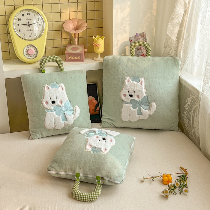 91家纺网 家纺一手货源 找家纺 番茄+ 2025新款牛奶绒贴布绣西高地抱枕被 波点-绿