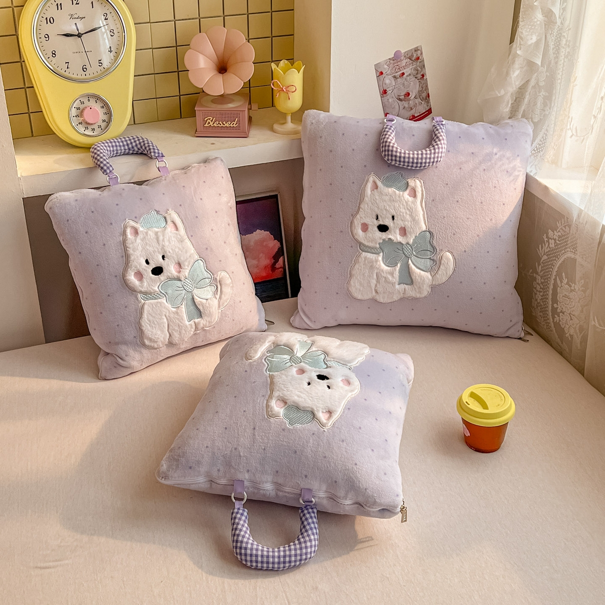 91家纺网 家纺一手货源 找家纺 番茄+ 2025新款牛奶绒贴布绣西高地抱枕被 波点-紫