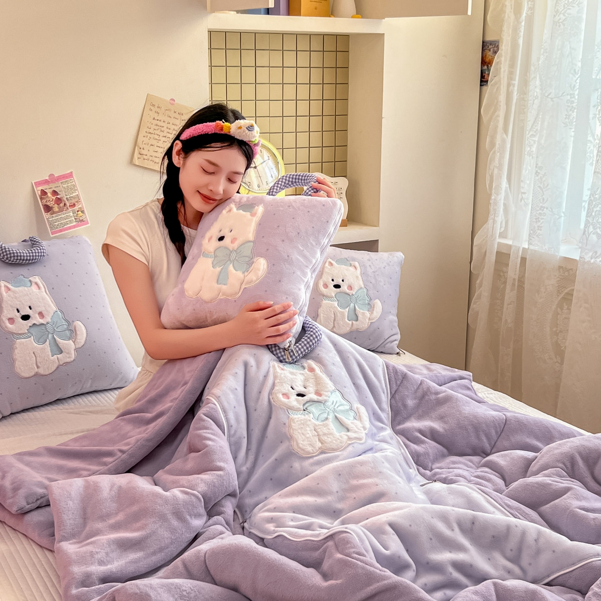 91家纺网 家纺一手货源 找家纺 番茄+ 2025新款牛奶绒贴布绣西高地抱枕被 波点-紫