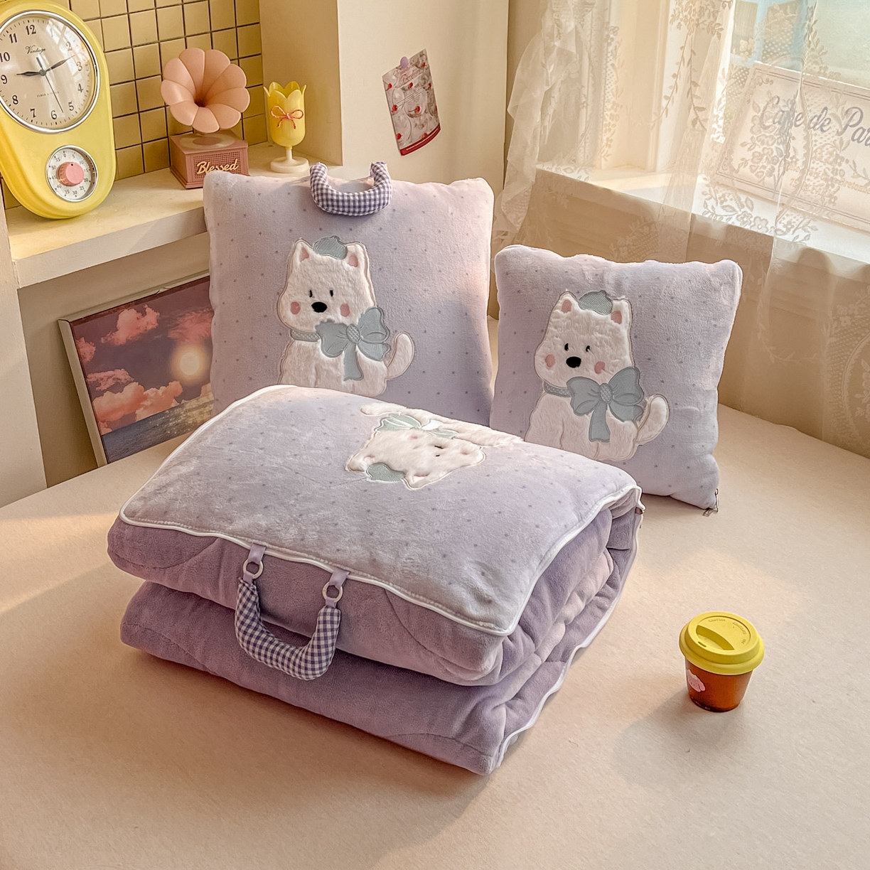 91家纺网 家纺一手货源 找家纺 番茄+ 2025新款牛奶绒贴布绣西高地抱枕被 波点-紫