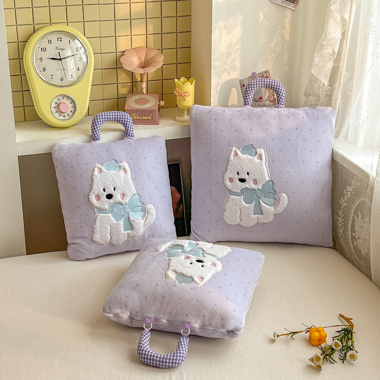 91家纺网 家纺一手货源 找家纺 番茄+ 2025新款牛奶绒贴布绣西高地抱枕被 波点-紫