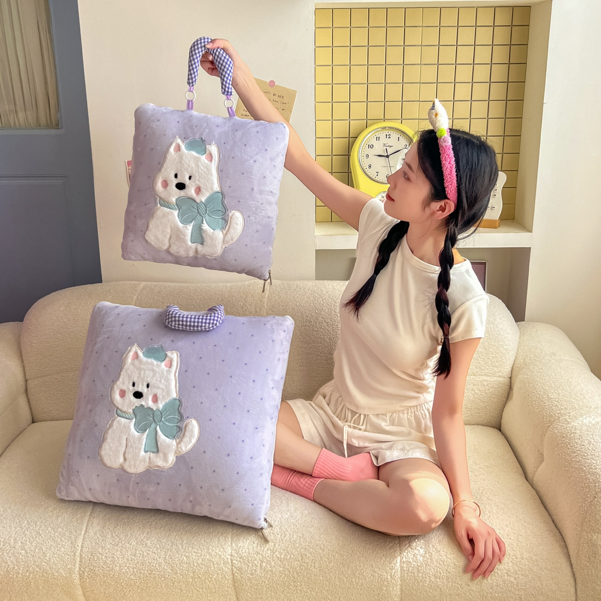 91家纺网 家纺一手货源 找家纺 番茄+ 2025新款牛奶绒贴布绣西高地抱枕被 波点-紫