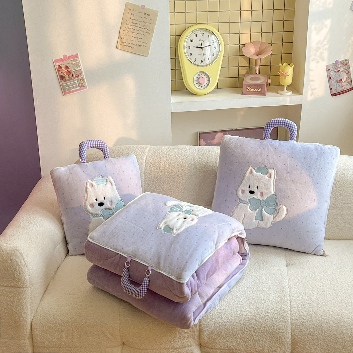 91家纺网 家纺一手货源 找家纺 番茄+ 2025新款牛奶绒贴布绣西高地抱枕被 波点-紫