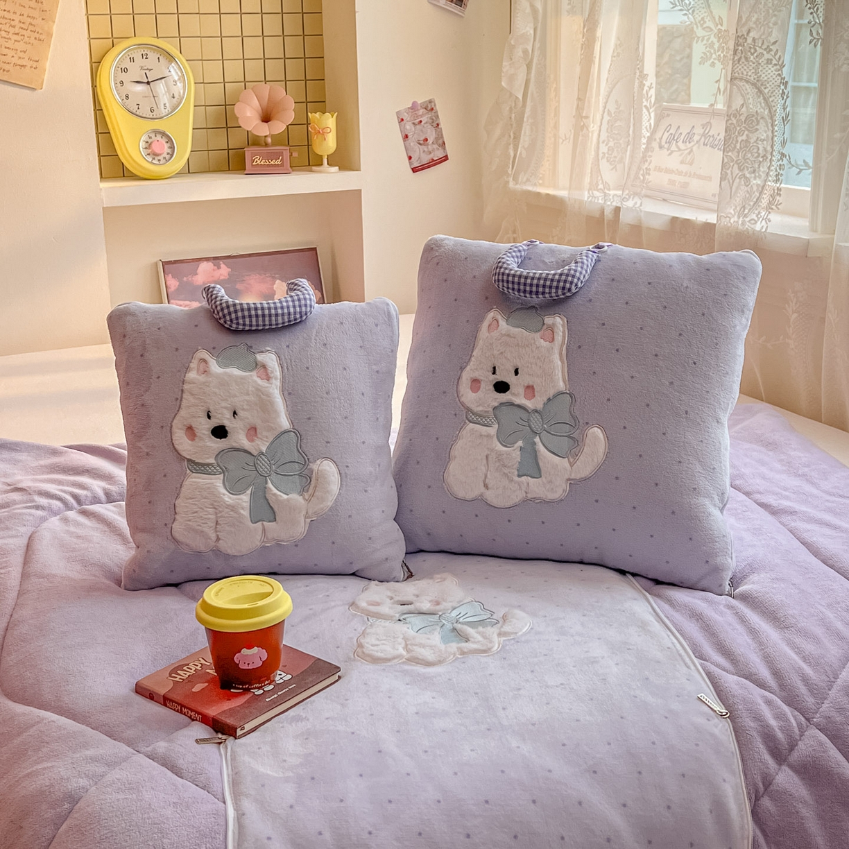 91家纺网 家纺一手货源 找家纺 番茄+ 2025新款牛奶绒贴布绣西高地抱枕被 波点-紫