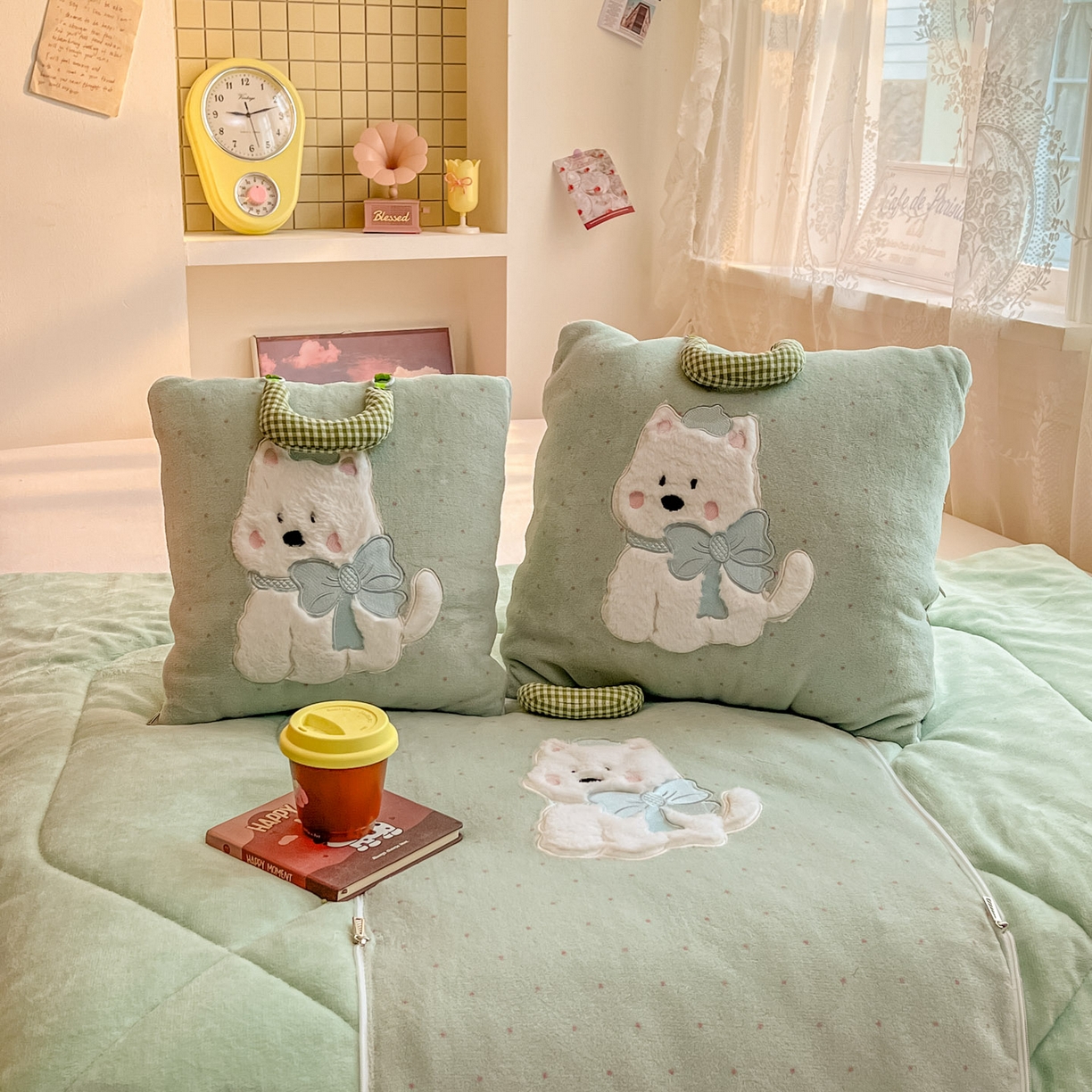 91家纺网 家纺一手货源 找家纺 番茄+ 2025新款牛奶绒贴布绣西高地抱枕被 波点-绿