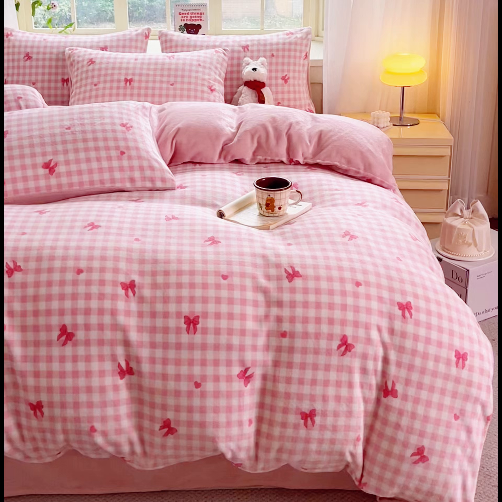 91家纺网 家纺一手货源 找家纺 斯卡诺家纺 2025新款热卖小清新牛奶绒四件套双面绒被套小红书同款 洁美-粉