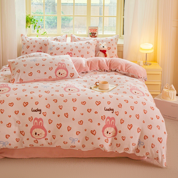 斯卡诺家纺 2025新款热卖小清新牛奶绒四件套双面绒被套小红书同款 熊布布-粉