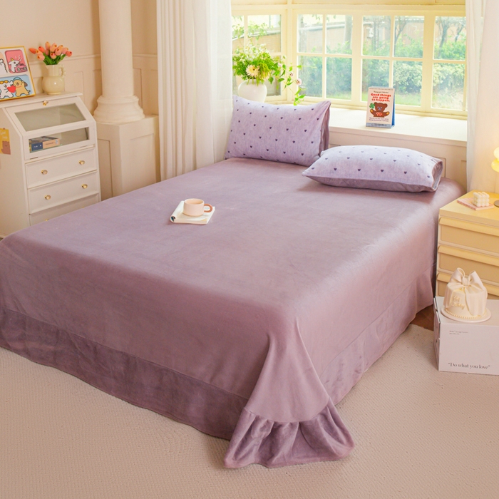 91家纺网 家纺一手货源 找家纺 斯卡诺家纺 2025新款热卖小清新牛奶绒四件套双面绒被套小红书同款 紫爱心