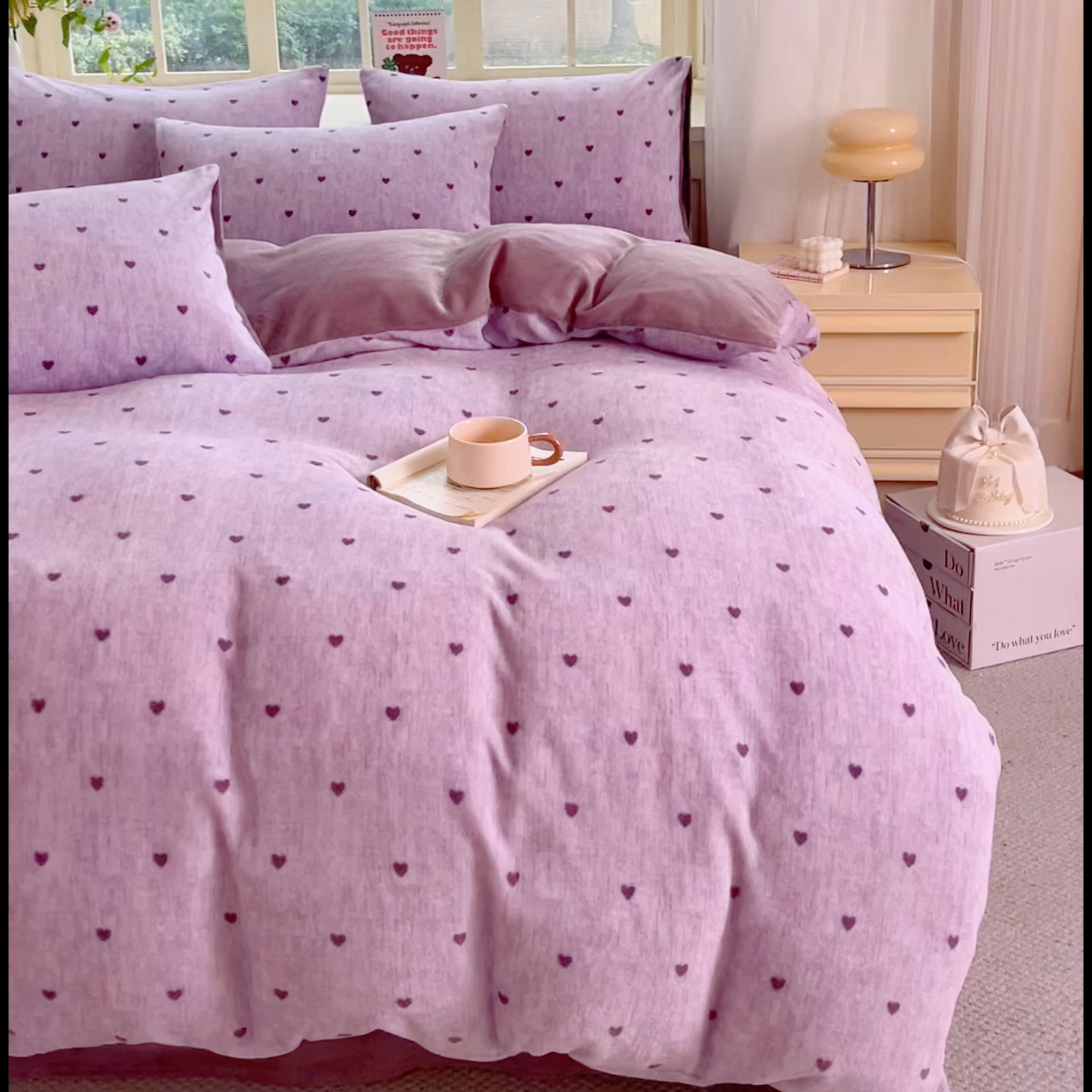 91家纺网 家纺一手货源 找家纺 斯卡诺家纺 2025新款热卖小清新牛奶绒四件套双面绒被套小红书同款 紫爱心
