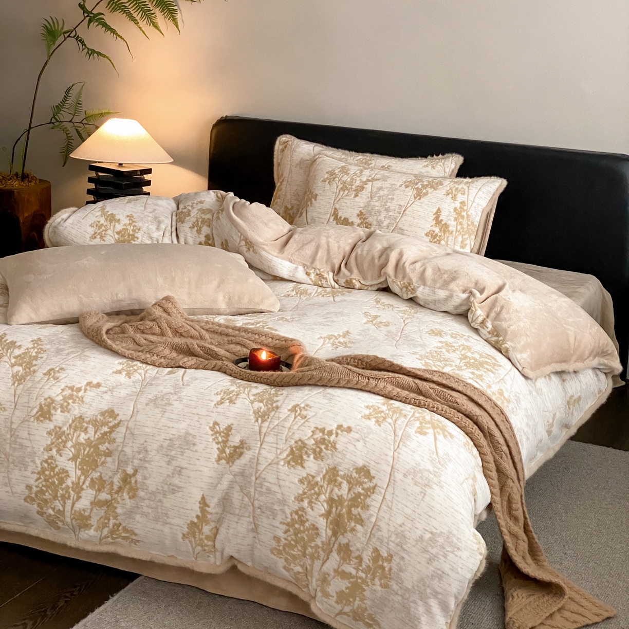 玉宇阁家居 2025新款双色提花雕花牛奶绒四件套-草木的诗 草木的诗-玳瑁黄