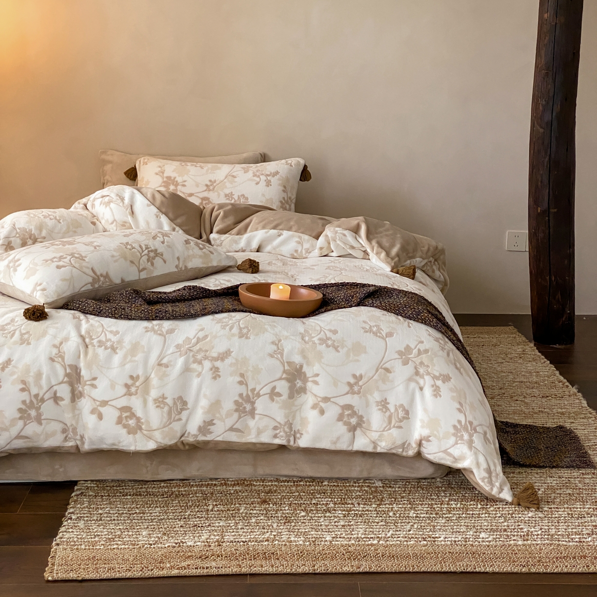 玉宇阁家居 2025新款双色提花雕花牛奶绒四件套 流苏款 雕花牛奶绒-流苏款-松月茶烟