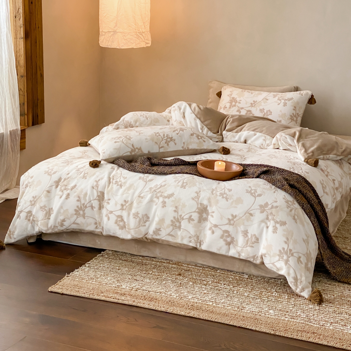 91家纺网 家纺一手货源 找家纺 玉宇阁家居 2025新款双色提花雕花牛奶绒四件套 流苏款 雕花牛奶绒-流苏款-松月茶烟