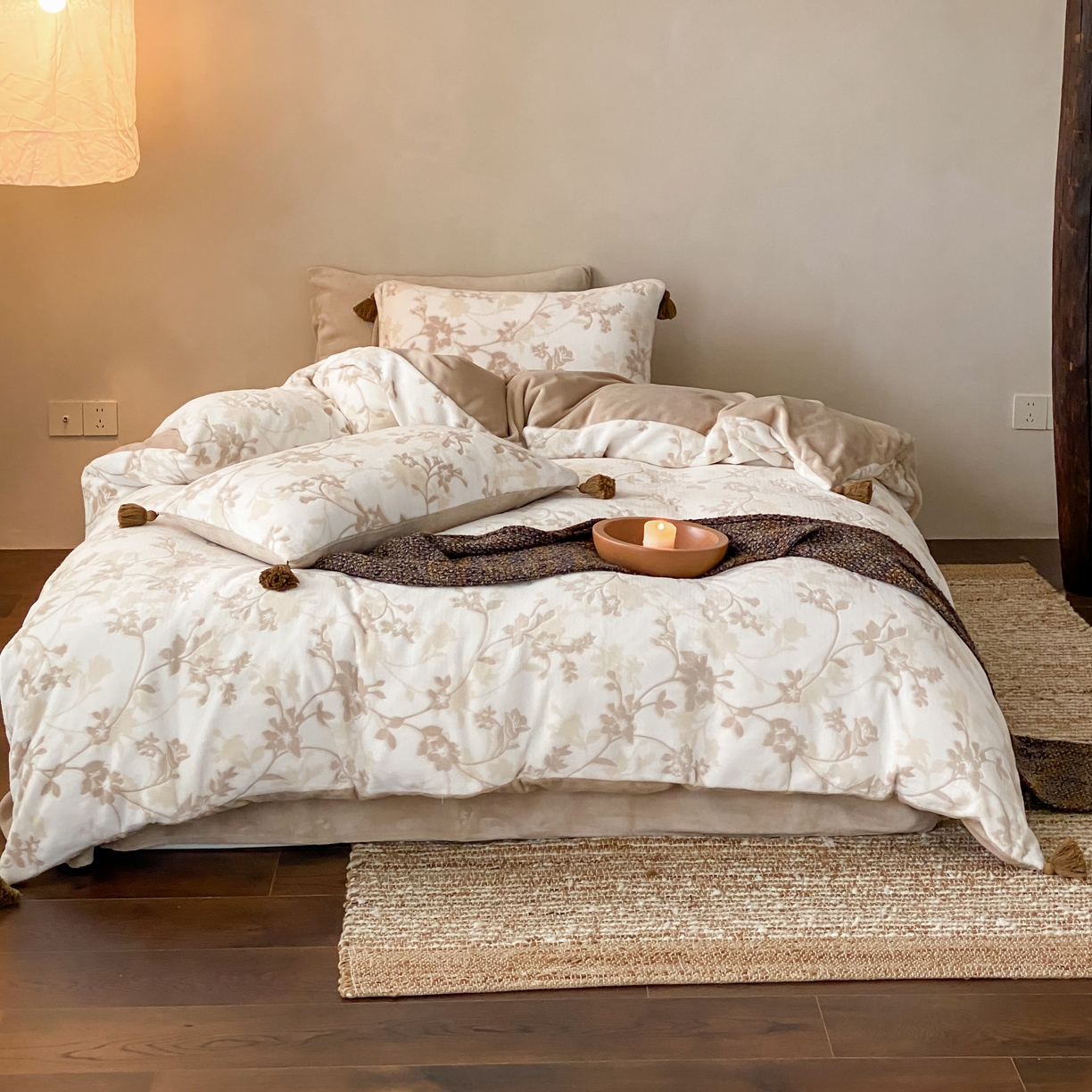 91家纺网 家纺一手货源 找家纺 玉宇阁家居 2025新款双色提花雕花牛奶绒四件套 流苏款 雕花牛奶绒-流苏款-松月茶烟