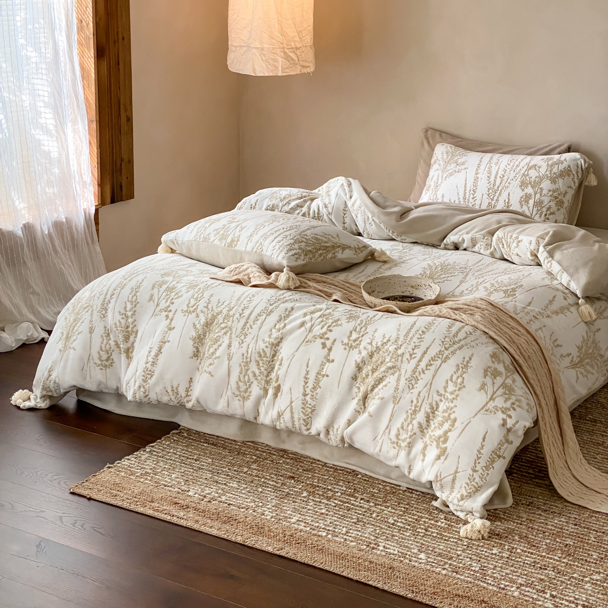 91家纺网 家纺一手货源 找家纺 玉宇阁家居 2025新款双色提花雕花牛奶绒四件套 流苏款 雕花牛奶绒-流苏款-风光霁月