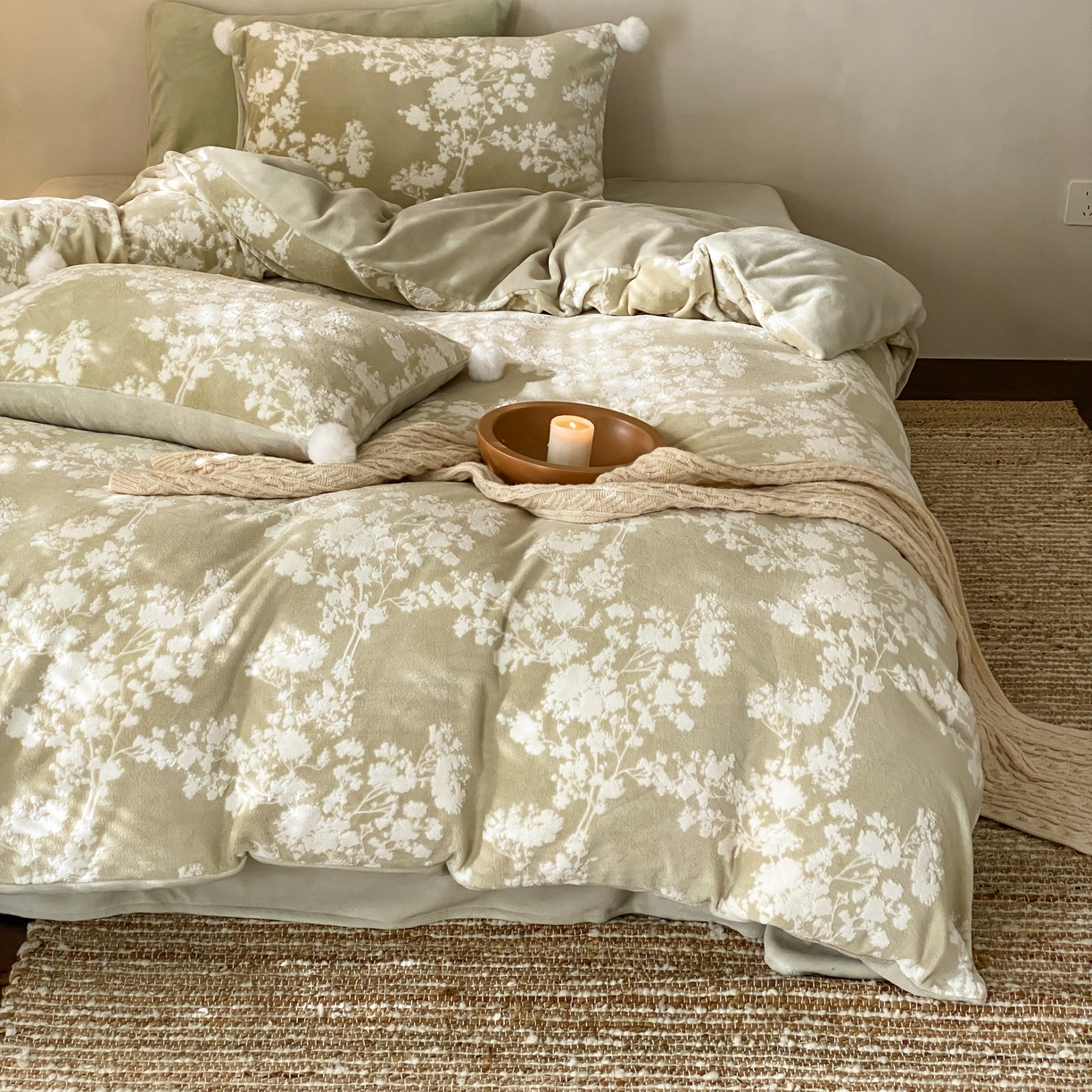 玉宇阁家居 2025新款双色提花雕花牛奶绒四件套 毛球款星星落秋 星星落秋-绿椰仙踪