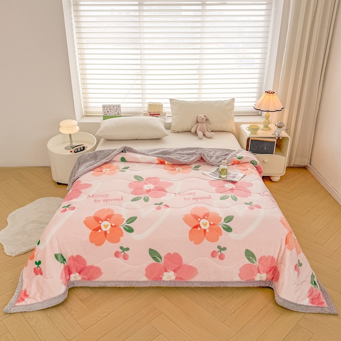 雅萱家纺 2024新款AB版牛奶贝贝绒多功能三层毯 三层毯-花簇甜憩粉色