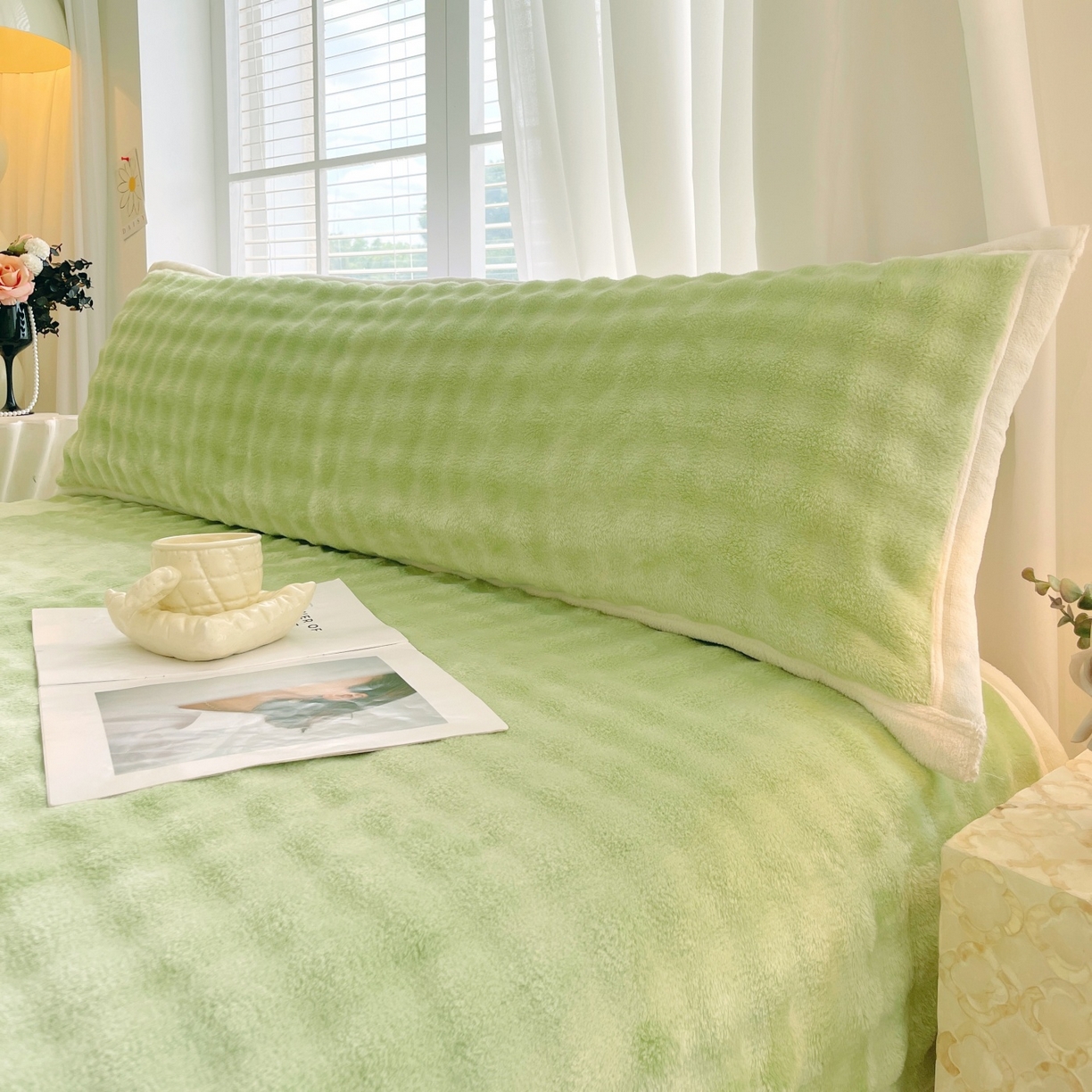 91家纺网 家纺一手货源 找家纺 雨彤家纺 2025新款泡泡牛奶绒长枕巾 牛奶绒枕巾-抹茶绿 50*80cm（一只）