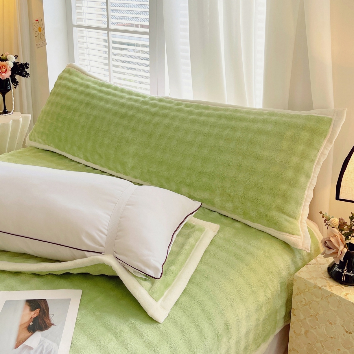 91家纺网 家纺一手货源 找家纺 雨彤家纺 2025新款泡泡牛奶绒长枕巾 牛奶绒枕巾-抹茶绿 50*80cm（一只）