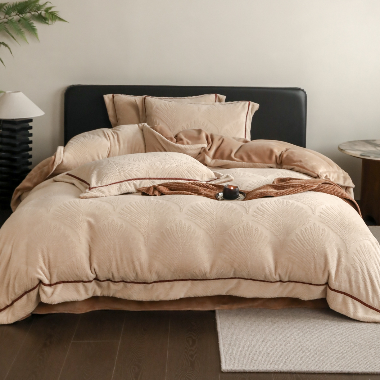 91家纺网 家纺一手货源 找家纺 玉宇阁家居 2025新款加厚牛奶绒浮雕工艺款四件套 大提花牛奶绒织带款-稻香-米咖