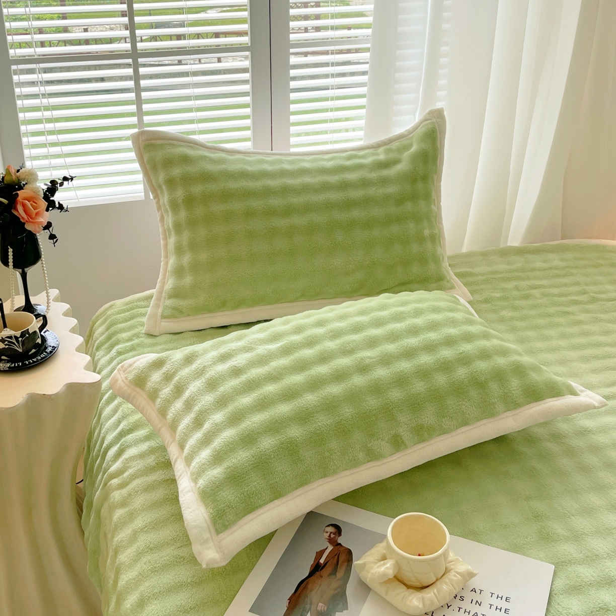 91家纺网 家纺一手货源 找家纺 雨彤家纺 2025新款泡泡牛奶绒单人枕巾 牛奶绒枕巾-抹茶绿 50*80cm（一只）