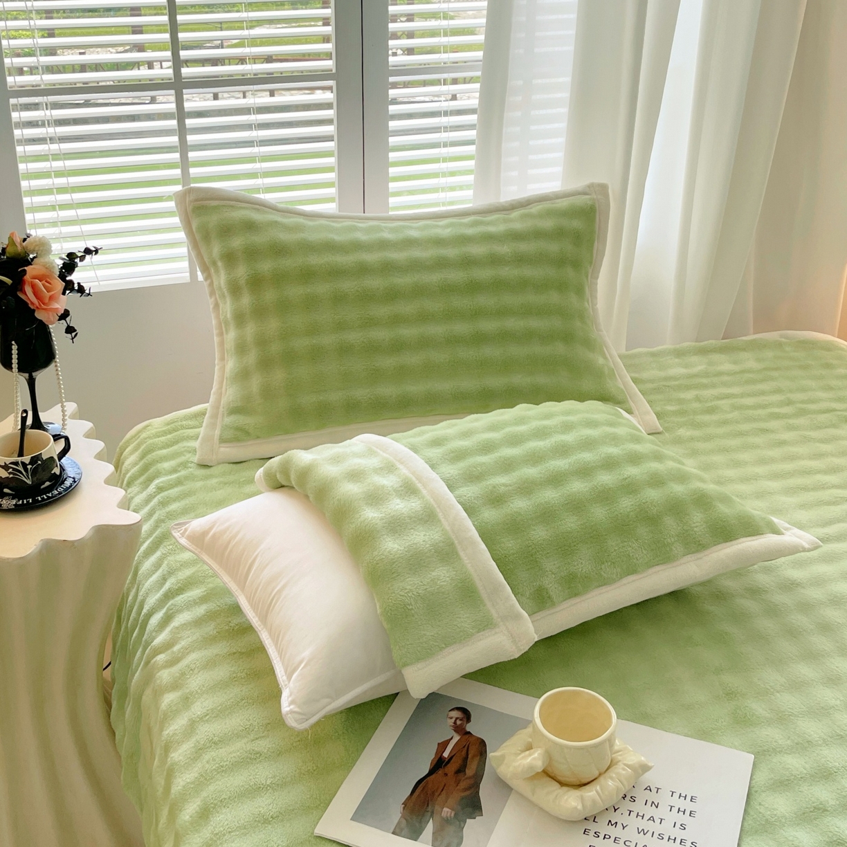 91家纺网 家纺一手货源 找家纺 雨彤家纺 2025新款泡泡牛奶绒单人枕巾 牛奶绒枕巾-抹茶绿 50*80cm（一只）