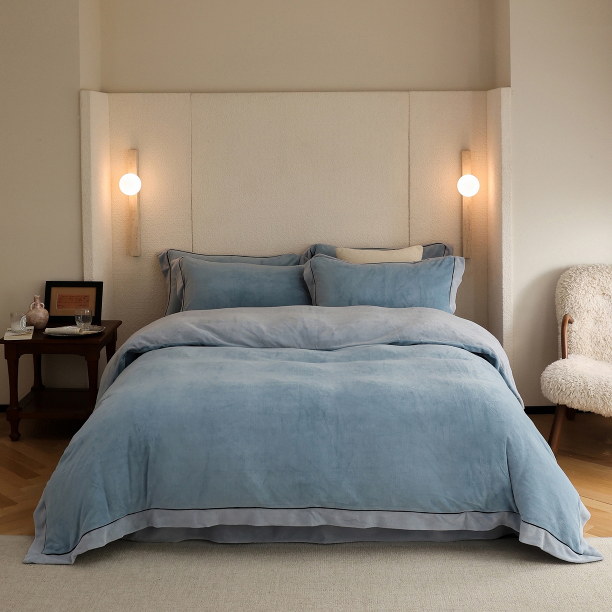 91家纺网 家纺一手货源 找家纺 万盛家纺 2025新款牛奶绒宽边黑麻绳四件套最新图 冰雪蓝-水冰蓝