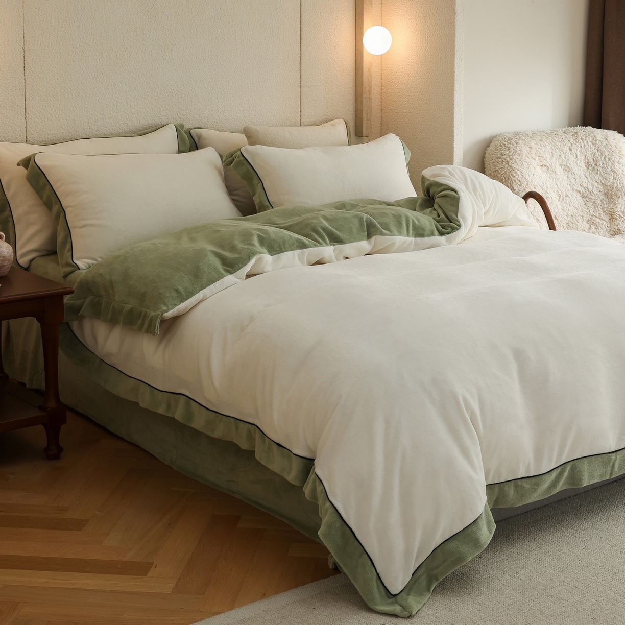 91家纺网 家纺一手货源 找家纺 万盛家纺 2025新款牛奶绒宽边黑麻绳四件套最新图 香草白-抹茶绿