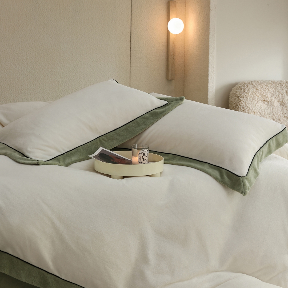 91家纺网 家纺一手货源 找家纺 万盛家纺 2025新款牛奶绒宽边黑麻绳四件套最新图 香草白-抹茶绿