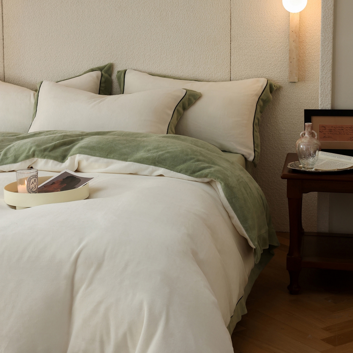 91家纺网 家纺一手货源 找家纺 万盛家纺 2025新款牛奶绒宽边黑麻绳四件套最新图 香草白-抹茶绿