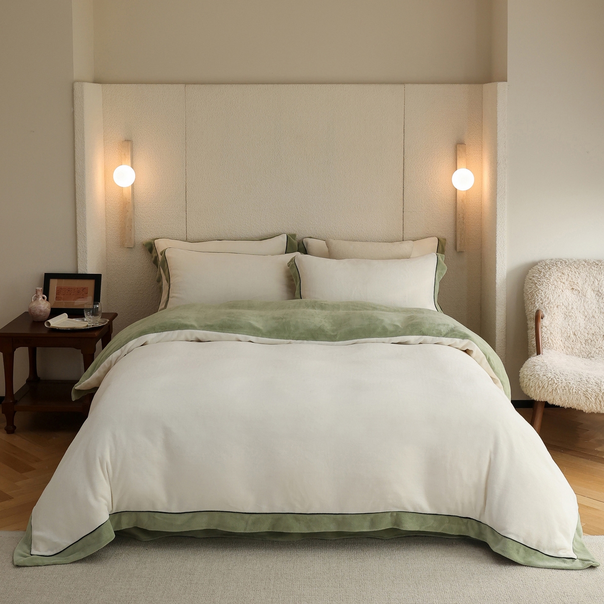 91家纺网 家纺一手货源 找家纺 万盛家纺 2025新款牛奶绒宽边黑麻绳四件套最新图 香草白-抹茶绿